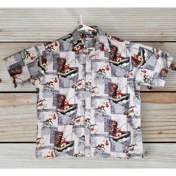 Reel Legends Santa Fishing‎ Riding Marlins Hawaiian Shirt XL pit to pit 26 in - Picture 1 of 6